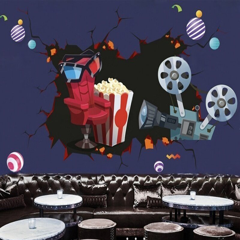 Background Film 3D - กล้องถ่ายภาพยนตร์ที่ไม่เหมือนใครและสดใหม่ ฟิล์ม โคล่า ป๊อปคอร์น โปสเตอร์ย้อนยุค พื้นหลังผ้ายีนส์