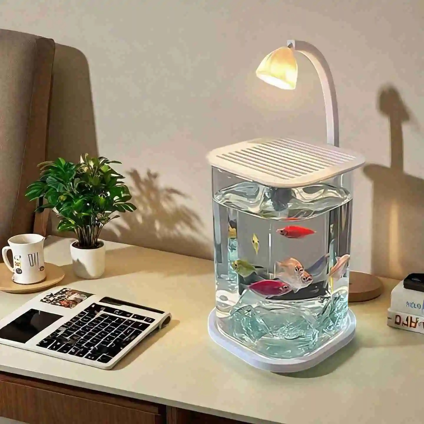 Aquarium Fish Betta - ตู้ปลาแก้วขนาดเล็กสำหรับปลามินิเบต้า ตู้ปลาตั้งโต๊ะพร้อมไฟกลางคืน แสงอบอุ่น สร้างบรรยากาศผ่อนคลาย เหมาะสำหรับตกแต่งหอพัก โต๊ะทำงาน